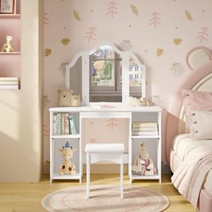 Woltu - Coiffeuse pour Enfants avec Tabouret et Triple Miroir Amovible - en mdf - Petite Table de Maquillage pour Fille - Blanc