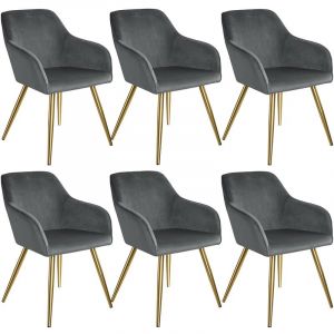 TecTake TECTACKE Lot de 6 Chaises de Salle à Manger Effet Velours Pieds en Acier Dorés avec Accoudoirs - Gris Foncé