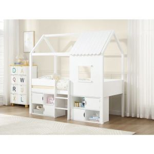Vente-unique - Lit mi-hauteur cabane 90 x 190 cm - Pin et mdf - Blanc - valeskia