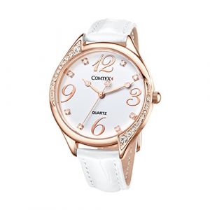 Montre Femme - Comtex - Or Rose - Grand Cadran - Cristal Diamant - Bracelet Cuir