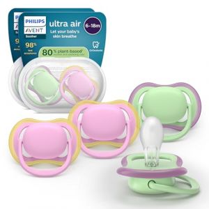 Philips Sucettes ultra air - T&eacute;tines orthodontiques, pour b&eacute;b&eacute;s de 6 &agrave; 18 mois, en silicone souple d'origine v&eacute;g&eacute;tale, sans BPA, avec 2 &eacute;tuis de st&eacute;rilisation, lot de 4, SCF087/25