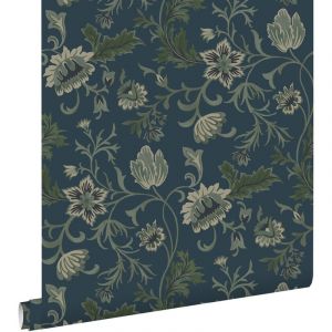 Estahome - papier peint fleurs vintage bleu fonc&eacute; et vert