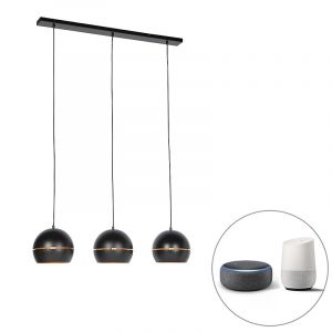 Qazqa Suspension intelligente noire avec intérieur doré 3 lumières avec Wifi ST64 - Buell