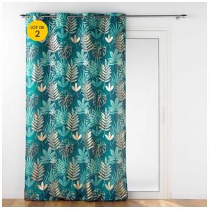 Douceur D'intérieur - Lot de 2 Rideaux déco à oeillet 140 x 260 cm polyester imprimé Ornella Emeraude