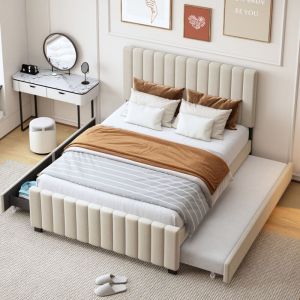 Lit adulte 90/140x190cm avec lit gigogne, 2 tiroirs, sommier à lattes tapissé, sans matelas, velours, beige