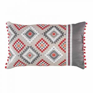 Image de Coussin à Pompons "Ikadream" 30x50cm Gris & Rouge Prix