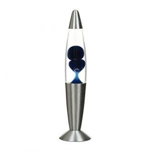 Image de Licht-erlebnisse - Lampe à Lave Timmy au design rétro argenté avec cire bleue et liquide clair H:36 cm - Bleu, clair, argent
