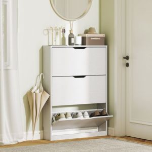 Meuble &agrave; chaussures d'entr&eacute;e en bois avec 3 portes pliantes pouvant contenir 12 paires de chaussures, 80x17x108 cm, blanc