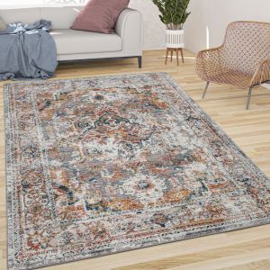 Paco Home - Tapis Salon Poils Ras Vintage Orient Ornements Bordure Blanc Cass&eacute; Gris Rouge 120x170 cm