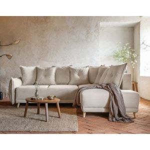 Canapé d'angle droit convertible 5 places en velours côtelé beige