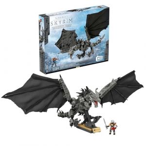 Mattel MEGA Skyrim Alduin Le Dévoreur de Mondes, figurine à construire de 619 pièces avec 1 personnage Dragonborn pour les collectionneurs, HXR98