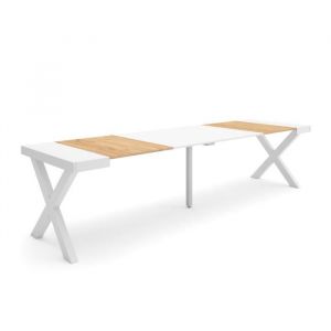 Table console extensible, Console meuble, 300, Pour 14 personnes, Pieds bois massif, Style moderne, Ch&ecirc;ne et blanc - Skraut Home