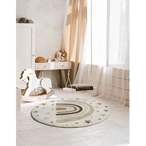 Tapis moderne doux pour enfants | Motif arc-en-ciel en cr&egrave;me 120x120 rond | Chambres de filles et de gar&ccedil;ons - The Carpet SOUND