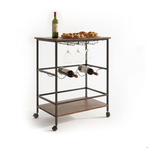 Relaxdays Chariot de bar, 2 niveaux, porte-bouteilles et porte-verres, HxLxP:82x60x45 cm, brun/noir
