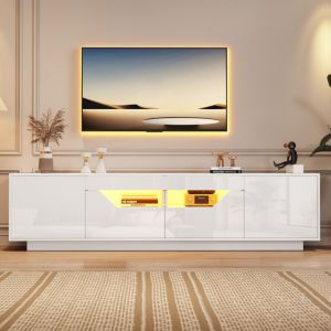 Meuble TV haute brillance 180x40x45 cm - Avec &eacute;clairage LED - 2 tiroirs et 2 portes - Compatible avec t&eacute;l&eacute;viseurs 75 pouces - Blanc