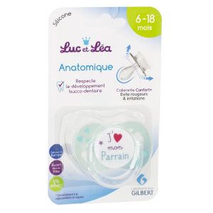Luc et Léa Sucette Silicone Symétrique avec Anneau J'aime mon Parrain 6-18m