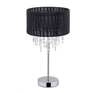 Relaxdays Lampe de table, abat-jour en organza, pied rond, lampe de chevet, H x D 43 x 24 cm, noir/argenté
