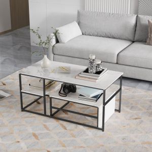 Table basse texture de marbre - Table d'appoint pour salon - 2 Niveaux Rangement - 52x105 cm - Grande table rectangle - MDF - ext&eacute;rieur en marbre et