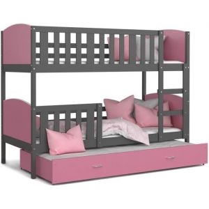 Image de Lit superposé 3 places Tomy 90x190 GRIS ROSE Livré avec 3 sommiers et 3 matelas en mousse de 7cm OFFERTS