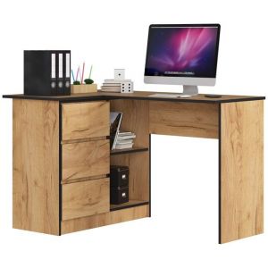 Akord - Bureau d'angle gauche B16 Chêne Craft 124 cm 3 tiroirs façade Chêne Craft 2 étagères 124x85x77 cm