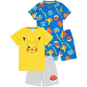 Pok&eacute;mon Boys 2 Pack Pyjamas | Enfants Jaune Pikachu Bleu Bulbasaur Charmander Squirtle Personnages T-Shirts Shorts Set | Produits d&eacute;riv&eacute;s de v&ecirc;tements de Nuit de Jeu
