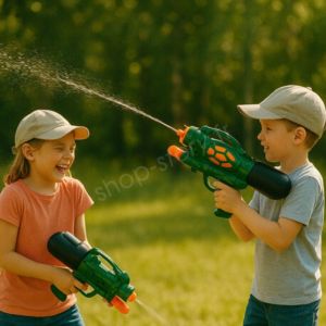 Shop-story - Pistolet à Eau Enfant Modèle Militaire Longueur 30 cm Kaki Noir et Orange pour Jeux de Plein Air et Batailles Aquatiques