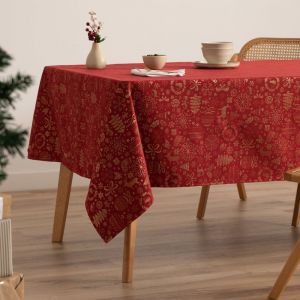 GAMUSI Nappe de No&euml;l jacquard fil dor&eacute; pour table &agrave; manger carr&eacute;e d&eacute;coration de No&euml;l 140 x 140 cm, couleur rouge