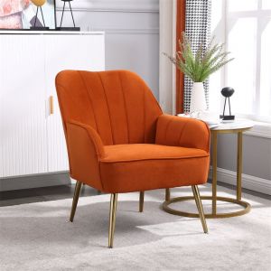 Fauteuil simple de salon, chaise de salle en velours, chaise simple de loisir avec pieds dorés, orange