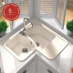 Evier pour meuble d'angle à encastrer Poalgi Jade Pergamon - 2 bacs avec égouttoir