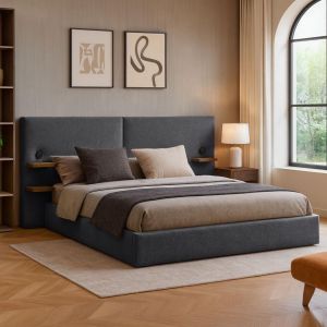 Menzzo Lit-coffre complet avec tablettes et ports USB intégrés Lukas 160x200cm Tissu Gris