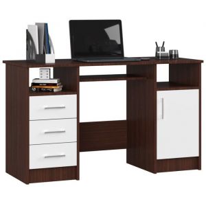 Bureau d'ordinateur AKORD ANA Wengé 124 cm 1 porte 3 tiroirs façade Blanche 5 étagères 124x52x74 cm