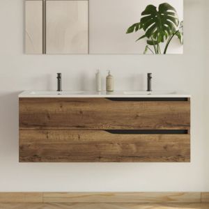 Meuble de salle de bain 120cm avec plan double vasque - 2 tiroirs - sans miroir - tabaco (chêne foncé) - LUNA