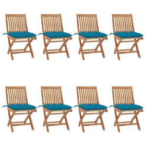 VidaXL Lot de huit chaises de jardin pliantes en teck massif avec coussins bleu clair Vida XL