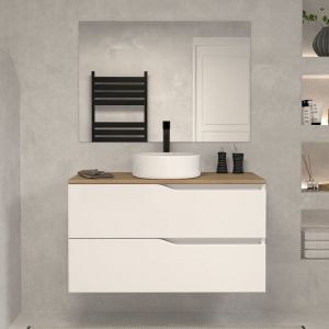 Cosyneo - Meuble de salle de bain 100cm avec plateau miel et vasque à poser - 2 tiroirs - blanc - luna