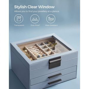 Songmics Boîte à Bijoux, Écrin à Accessoires 3 Niveaux, Couvercle en Verre, 2 Tiroirs, Rangement pour Bijoux, Bleu Fumé JBC239BU