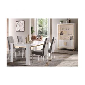Jemma - Ensemble S&eacute;jour Blanc D&eacute;cor Dor&eacute; Table 160cm + Vitrine avec Leds