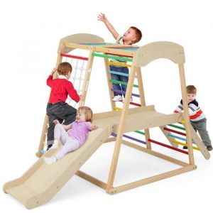 Triangle D'escalade - Costway - 6 En 1 En Bois Avec Toboggan Et Filet / Barre Pour Grimper, Ramper Et Glisser