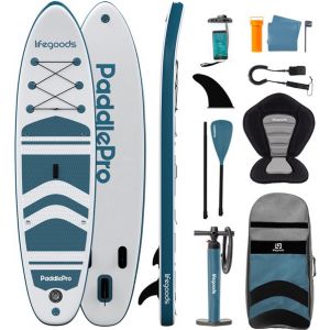 LifeGoods PaddlePro SUP Board - avec siège - Planche à pagaie gonflable - Ensemble complet - Max. 135KG - 320x81cm - Blanc/Aqua profond