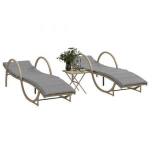 VidaXL Chaises longues lot de 2 avec table beige résine tressée, lit de bronzage, chaise longue d'extérieur, lit de jour 368267