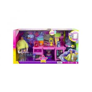 Coffret barbie centre de coiffure + 45 accessoires + 1 chien + 1 poupée mannequin coiffeuse - set métier + 1 carte offerte