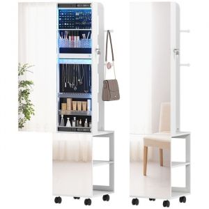 Homcom Armoire à bijoux - avec miroir - pivotante à 360° - verrouillable - éclairage LED - cadre blanc, doublure noire