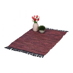 Image de Relaxdays Tapis à franges, 60x100 cm, coton et cuir, tissé main, antidérapant, natte, chambre, couloir, bordeaux