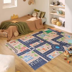 Nazar Tapis enfant lavable en machine à motif circuit - Beige - 80x150
