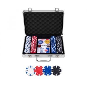 Engelhart 320905 - Set de Poker Complet - Malette en Metal Argent - 200 jetons 11,5g sans num&eacute;ro + 2 Jeux de Cartes, 3 Boutons de Croupier, 5 d&eacute;s