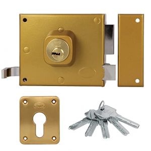 Amig - Verrou de suralimentation droite avec levier de fermeture, languette et poign&eacute;e pour porte en bois Mod. 73 | 100 x 85 mm | Loquet avec cylindre Europrofil&eacute; | Acier dor&eacute;