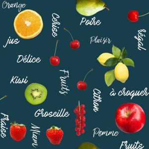 Toile cir&eacute;e au m&egrave;tre - Largeur 140 cm - Fruits sur fond bleu - Bleu