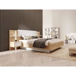 Lit avec chevets 160 x 200 cm - LEDs - Naturel et blanc - Sommier et Matelas inclus - ELYNIA