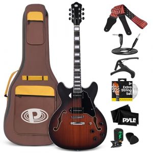 Pyle Guitare Electrique à Corps Semi-creux - Guitare- Kit Instrument Jazz Taille Complète de 106,2 cm avec Housse de Transport, Finition Mate et Sunburst