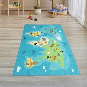Tapis dapprentissage pour enfants - TEPPICH-TRAUM - Carte du Monde Continents & Mers bleu - 80 x 150 cm