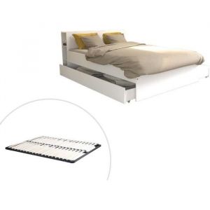 Lit avec tête de lit rangements et tiroirs 140 x 190 cm - Blanc + Sommier - EUGENE